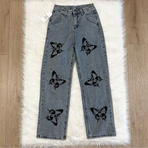 NEW Butterfly Print High Rise Blue Gray Jeans Size Small